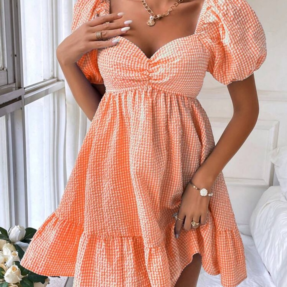 SHEIN Orange checker Puff Sleeve Sundress